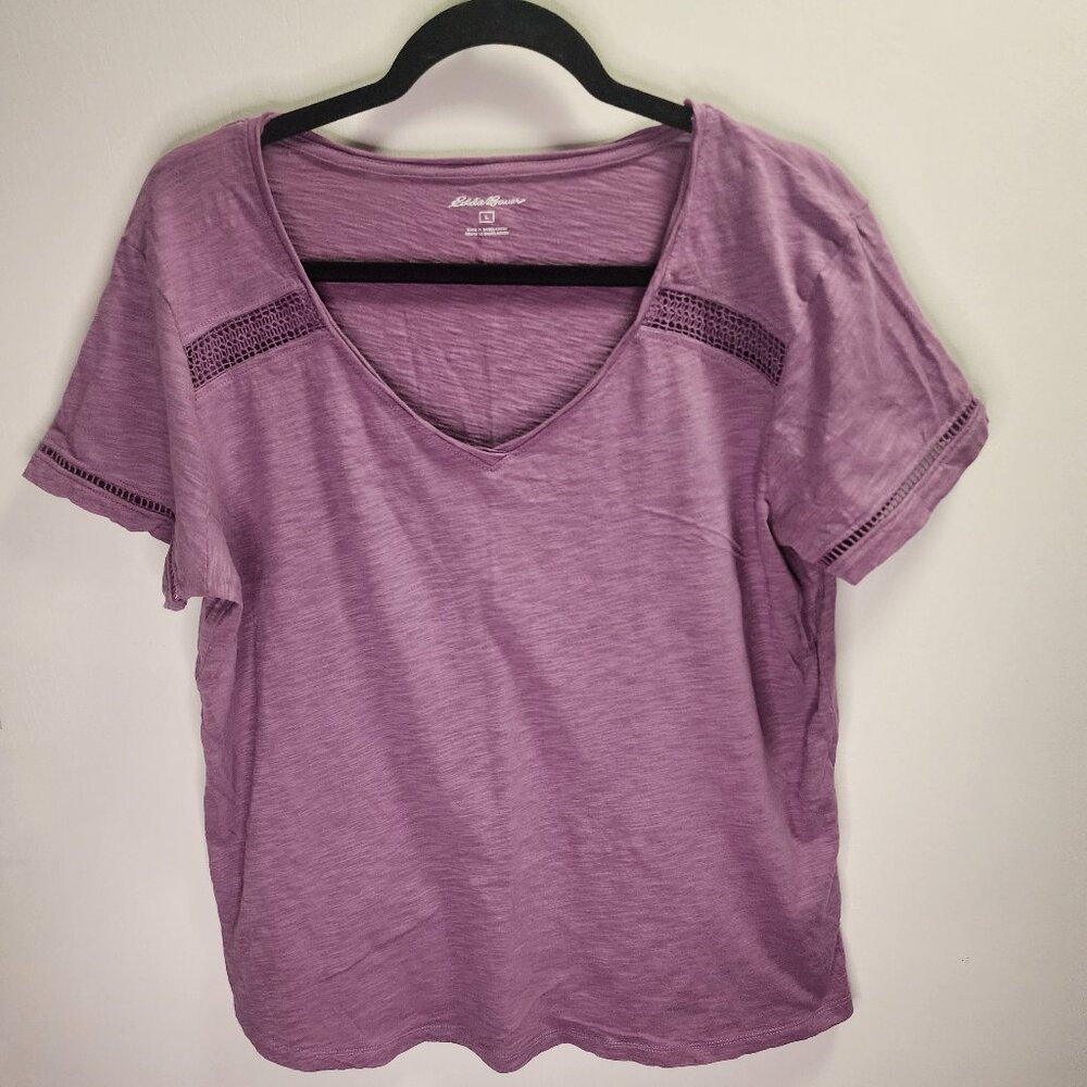 Eddie Bauer Purple V-Neck Shirt with Cut-Out Sleeves - Size L